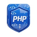 Blue php programming language logo shield with code symbols isolated on white background Royalty Free Stock Photo