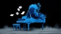 Blue piano with musical notes and smoke on dark background Royalty Free Stock Photo