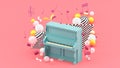 The blue piano is surrounded by notes and colorful balls on the pink background