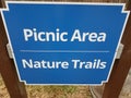 Blue picnic area nature trails sign and posts