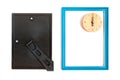 Blue picture frame made wooden with clock inside. Royalty Free Stock Photo
