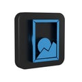 Blue Picture landscape icon isolated on transparent background. Black square button.