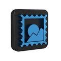 Blue Picture landscape icon isolated on transparent background. Black square button.