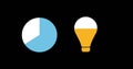 Blue pie chart and yellow light bulb icon on black background, symbolizing ideas Royalty Free Stock Photo
