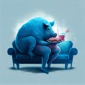 Blue pig like creature sitting on sofa. Generative AI