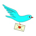 Pigeon with heart mail. Vector color drawing image.