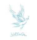 Blue pigeon with a sprig and hand written text, background for International Day of peace. Vector illustration, design
