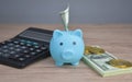 Blue piggy bank Calculator, banknotes and bitcoins Represents wealth and prosperity through savings and investments