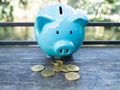 A blue piggy bank and coins on a wooden table Royalty Free Stock Photo