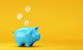 Blue piggy bank with falling dollar coins on bright background
