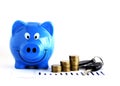 Blue piggy bank and Money coins stack and Car Key for Loans concept