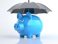 Blue piggy bank under an umbrella isolated on a white background. Concept of protecting your money Royalty Free Stock Photo