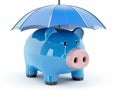 Blue piggy bank under an umbrella isolated on a white background. Concept of protecting your money Royalty Free Stock Photo