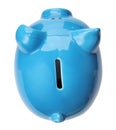 Blue piggy bank on white background, top view. Royalty Free Stock Photo