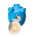 Blue piggy bank on white background, top view. Royalty Free Stock Photo