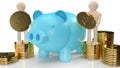 Blue piggy bank and wood figure hold gold coins for business content 3d rendering