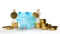 Blue piggy bank and wood figure hold gold coins for business content 3d rendering