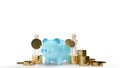 Blue piggy bank and wood figure hold gold coins for business content 3d rendering