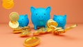 Blue piggy banks and falling golden coins