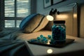 Blue pills on the bedside table in the bedroom. Blue medicine pills.