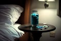 Blue pills on the bedside table in the bedroom. Blue medicine pills.