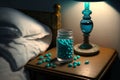 Blue pills on the bedside table in the bedroom. Blue medicine pills.