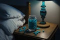 Blue pills on the bedside table in the bedroom. Blue medicine pills.