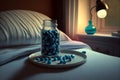 Blue pills on the bedside table in the bedroom. Blue medicine pills.