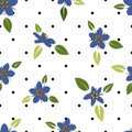 Blue pimpernell floral, flat design, vector illustration, with black polka dots background, seamless pattern Royalty Free Stock Photo