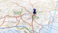 A blue pin stuck in Murcia on a map of Spain Royalty Free Stock Photo