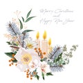 Blue pine branch, orange berries, candles and white peony lilies flower composition. Fir tree branch. Royalty Free Stock Photo