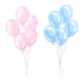 Blue pink balloons bundle, boy girl birthday surprise. Hand drawn watercolor illustration isolated on white