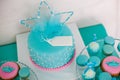 Blue and pink birthday cake with pearls big crown for little baby girl and decorations for party Royalty Free Stock Photo