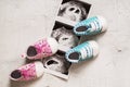 Blue and pink booties next to baby photos with ultrasound in 4th week of pregnancy. Twins. Son and daughter. Selective focus.