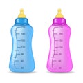 Blue and pink bottles on isolated background. Child bottels. Vector illustration