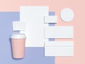 Blue-pink branding mockup with blank sheets, envelope and business cards. 3d rendering Royalty Free Stock Photo