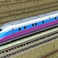 Blue-pink bullet train in the mountains by Generative AI