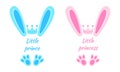 Blue and pink bunny ears and feet with crowns and words Little Prince, Little Princess. Design elements for boys and Royalty Free Stock Photo