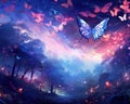 blue and pink butterfly in a dream forest.