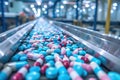 Blue and pink capsules on a production line in a pharma factory Royalty Free Stock Photo