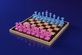 Blue and pink chess pieces standing on the starting positions on the classic chessboard. General view. Concept: confrontation of
