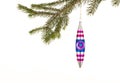 Blue and Pink Christmas ornament hanging on a tree against white background Royalty Free Stock Photo