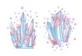Blue and pink crystal, cartoon cute vector Quartz illustration. Quartz Crystal druse, pink princess grain on white