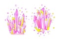 Yellow and pink crystal, cartoon cute vector Quartz illustration. Quartz Crystal druse, pink princess grain on white Royalty Free Stock Photo
