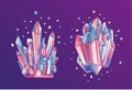 Blue and pink crystal, cartoon cute vector Quartz illustration. Quartz Crystal druse, pink princess grain on violet