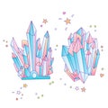 Blue and pink crystal, cartoon cute vector Quartz illustration. Quartz Crystal druse, pink princess grain on white