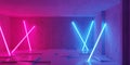 Blue and pink cyberpunk neon tube fluorescent lights abstract background modern concrete room with broken tiles floor Royalty Free Stock Photo