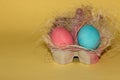 blue and pink easter egg in the box for eggs with decorative straw, creative design Royalty Free Stock Photo