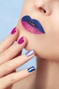 Blue pink fashion nails and lips. Royalty Free Stock Photo