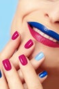 Blue pink fashion nails and lips.